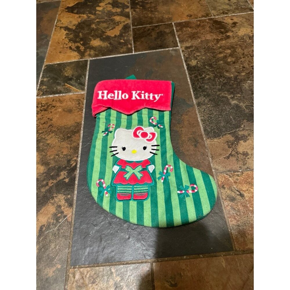 Sanrio Hello Kitty Pink Green Striped Christmas Holiday Stocking Decor